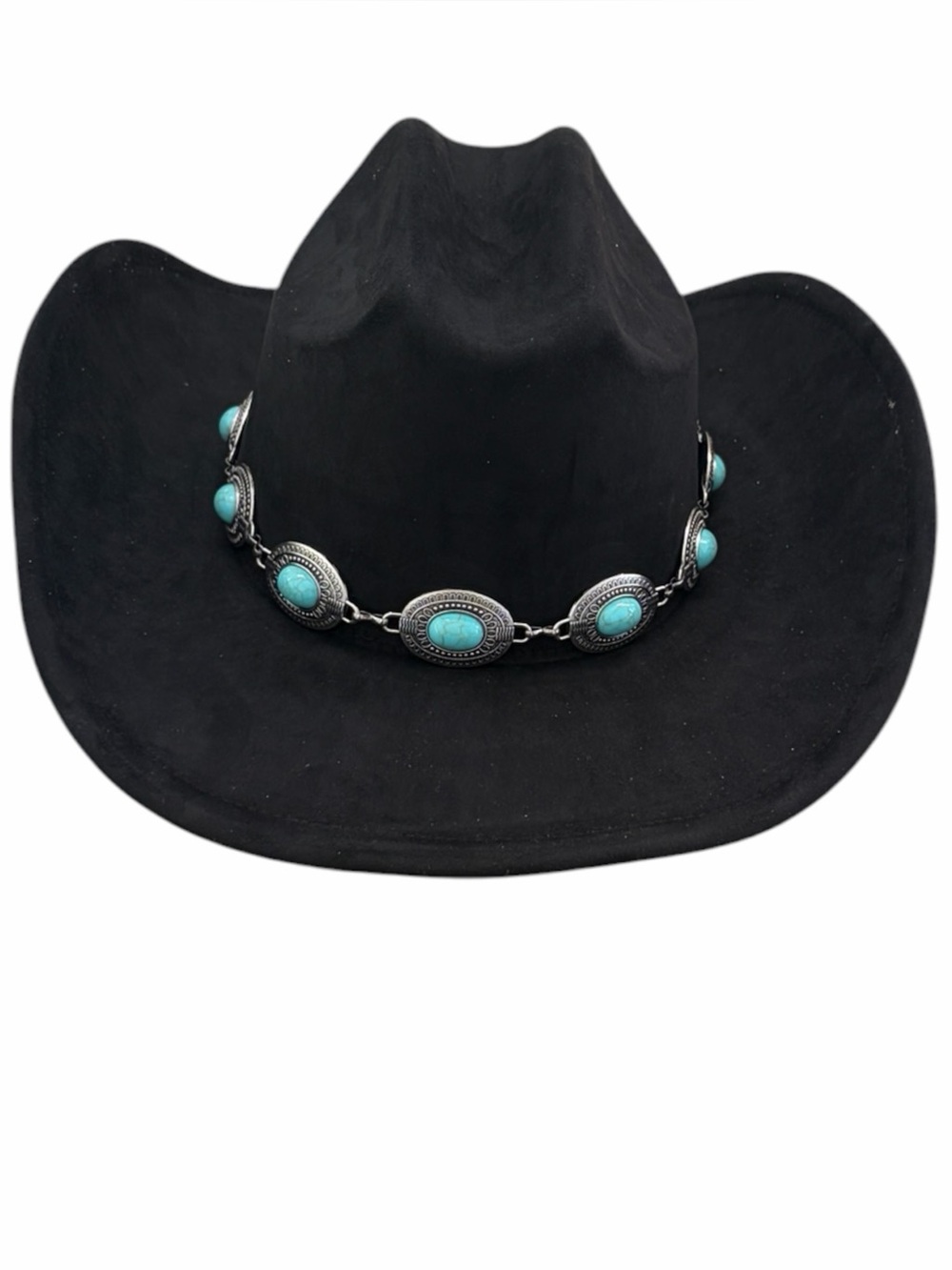 Western hat cowboy cowgirl micro suede Bohemian chain band turquoise NWT black